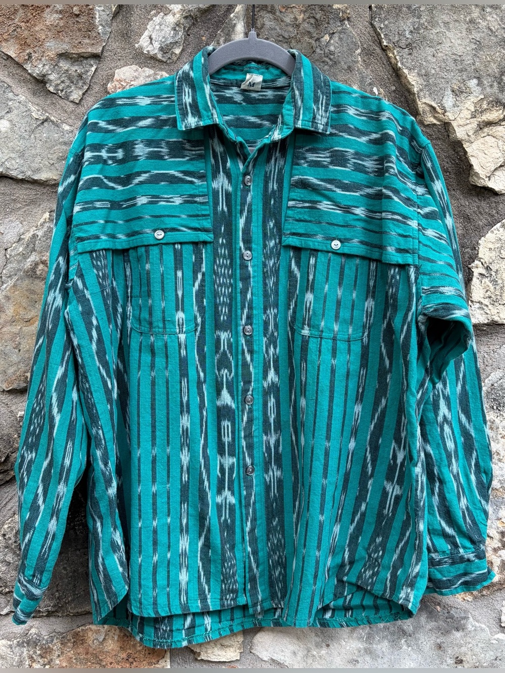 Vtg 90s Hand Woven Guatemala Button Down Cotton Ikat Shirt sz MEDIUM cool, hip